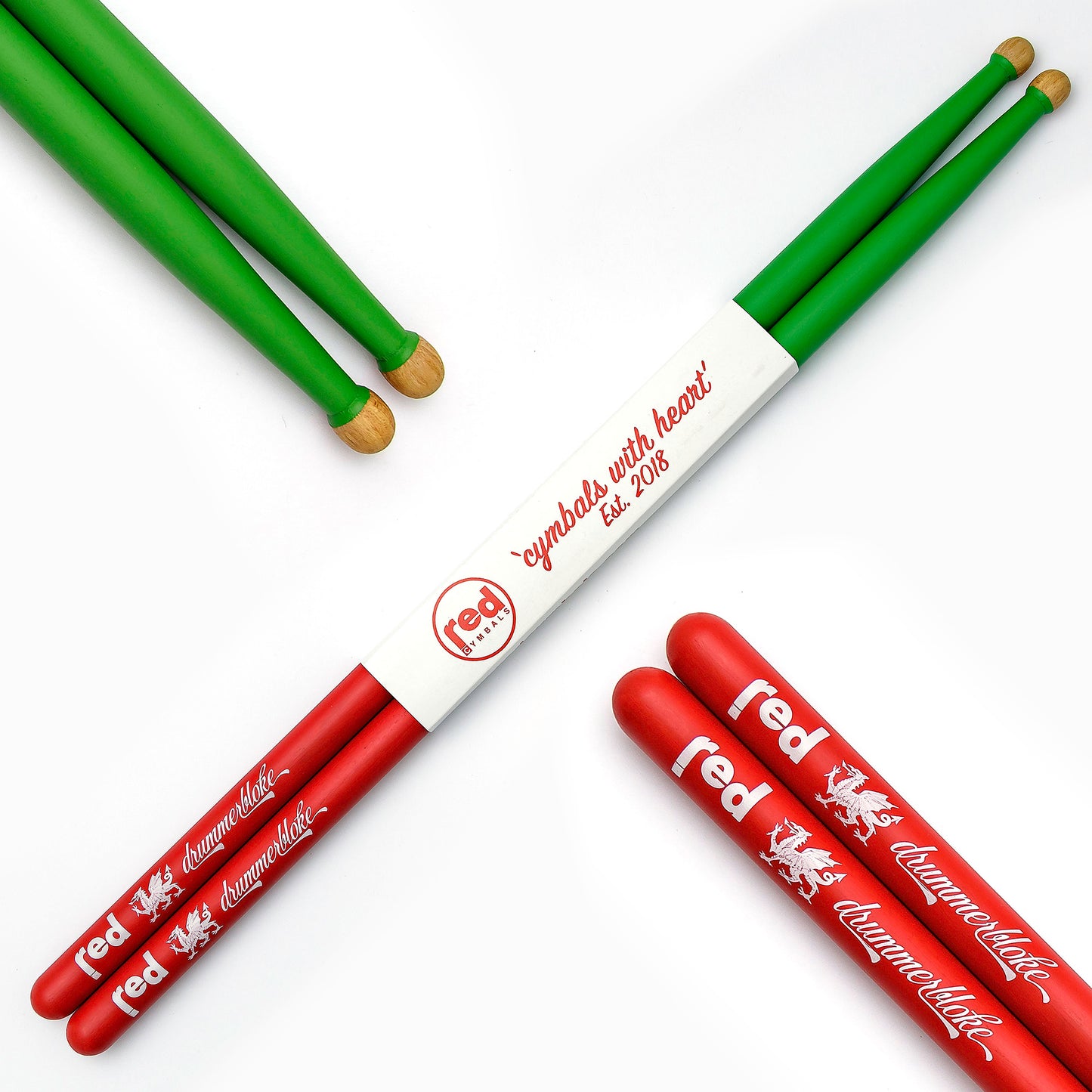 Red Drumsticks Welsh Dragon 5A Ball Tip Red and Green - White Dragon